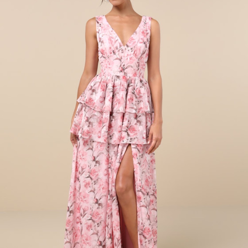 Lulus Graceful Approach Blush Pink Floral Jacquard Tiered Maxi Dress - Size S